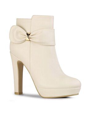 Allegra K Cream Beige Platform Side Bow High Heel Ankle Boots Size 7.5